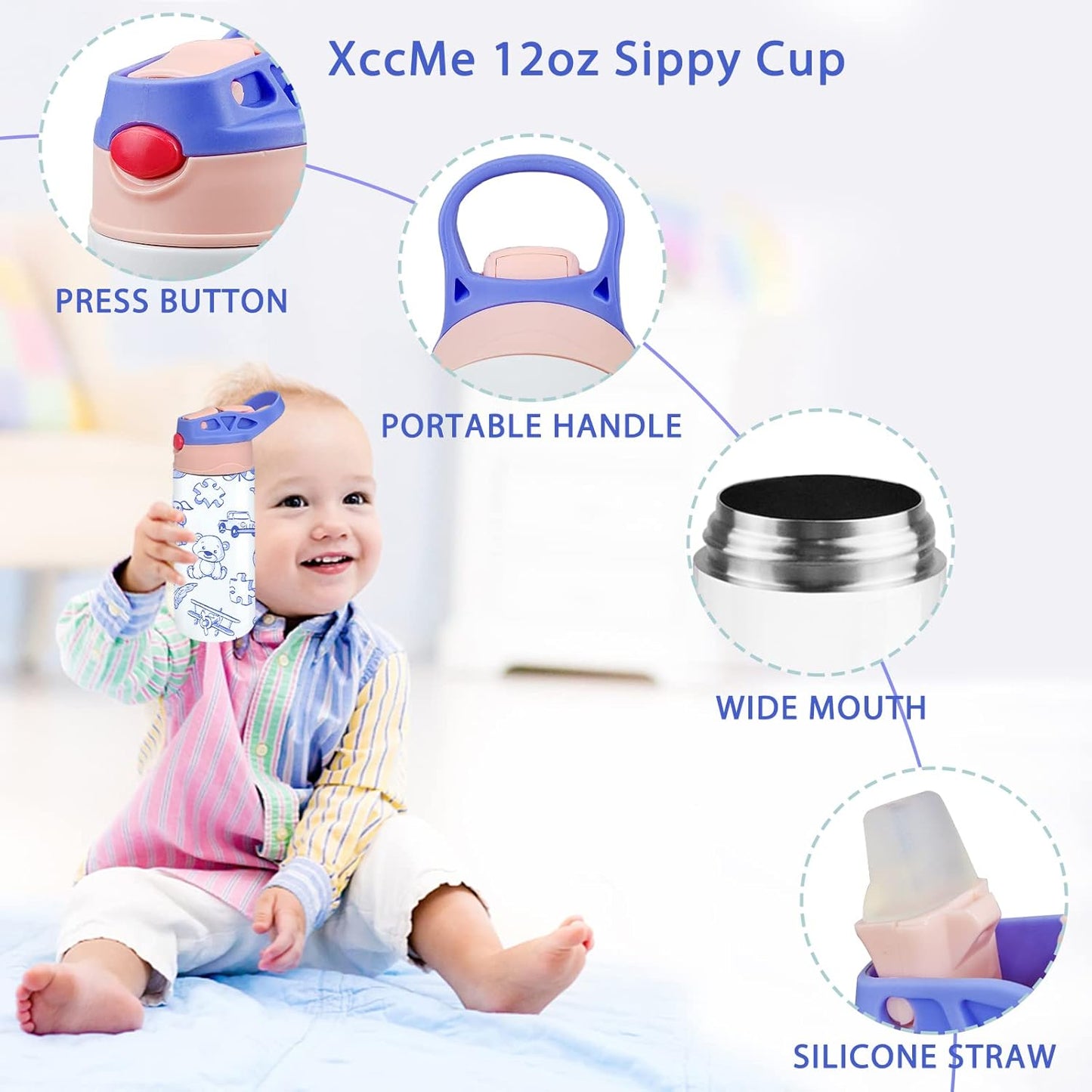 Customizable Kids Tumbler 12oz Sippy Cup with Handle and Spill Proof Lid
