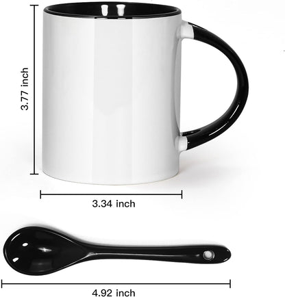 Customizable Sublimation Coffee Mugs - 11 oz White Ceramic Cups with Black Interior, Handle, and Spoon